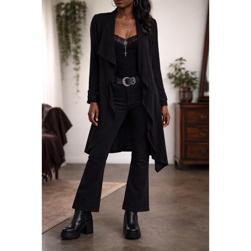 Elodie Black Waterfall Whimsigoth  Long Sleeve Linen Blend Cardigan Size M‎
